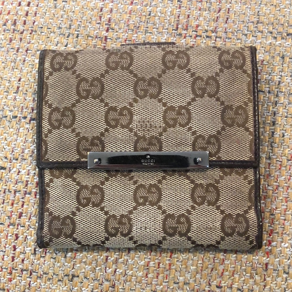 GUCCI GG Trifold Canvas Jacquard Wallet Brown Leather Accent Snap Closure